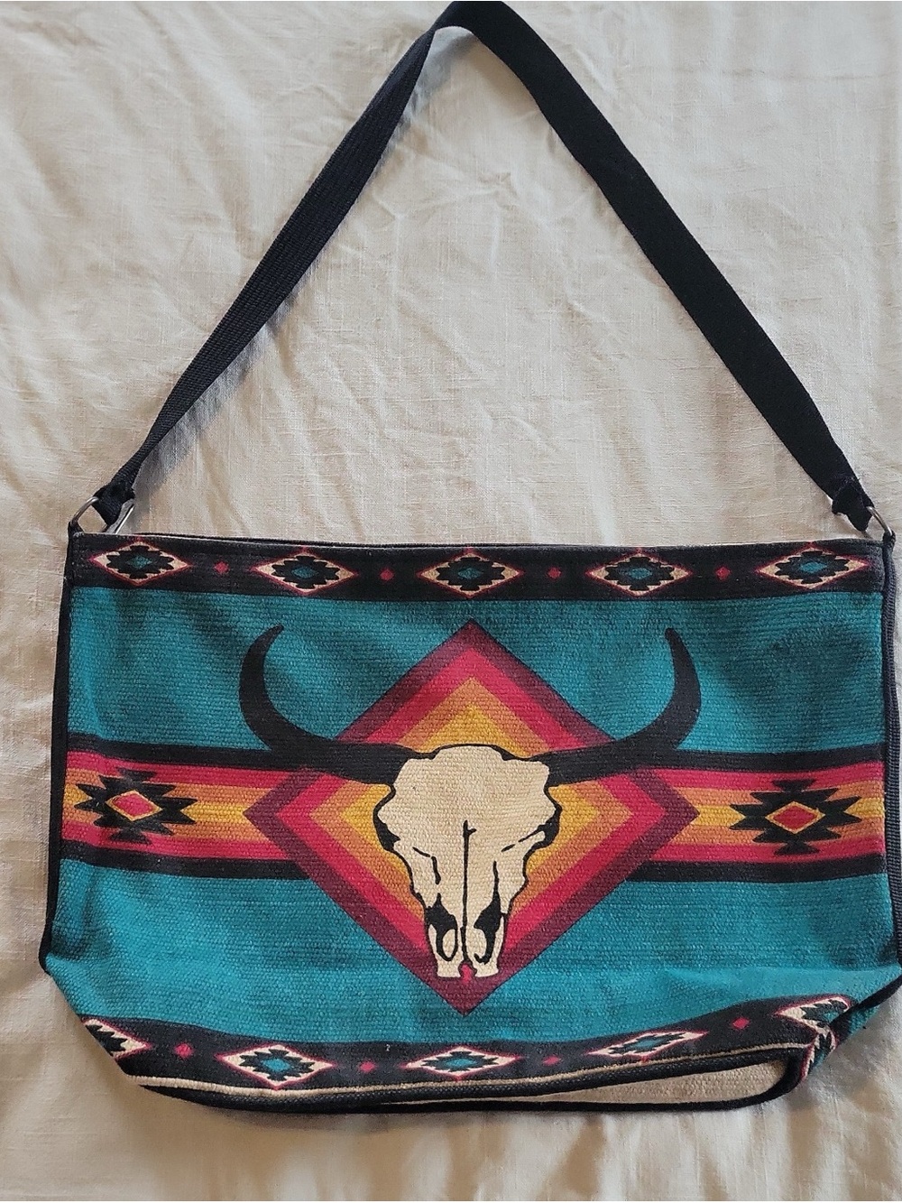 Teal Southwestern Tote Shoulder Bag with Bull Skull Accent